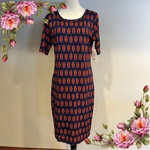 LuLaRoe Julia Navy and Orange Leaf Print midi Dress size large